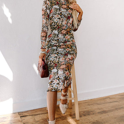 Brown Floral Allover Print Mock Neck Bodycon Long Sleeve Midi Dress