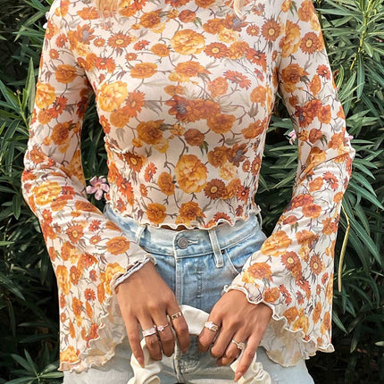 Orange Floral Printed Bell Sleeve Mock Neck Scallop Trim Blouse