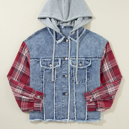 Beau Blue Plaid Print Patchwork Hooded Raw Hem Denim Jacket