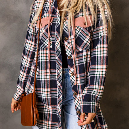 Pink Contrast Hooded Drawstring Plaid Shacket