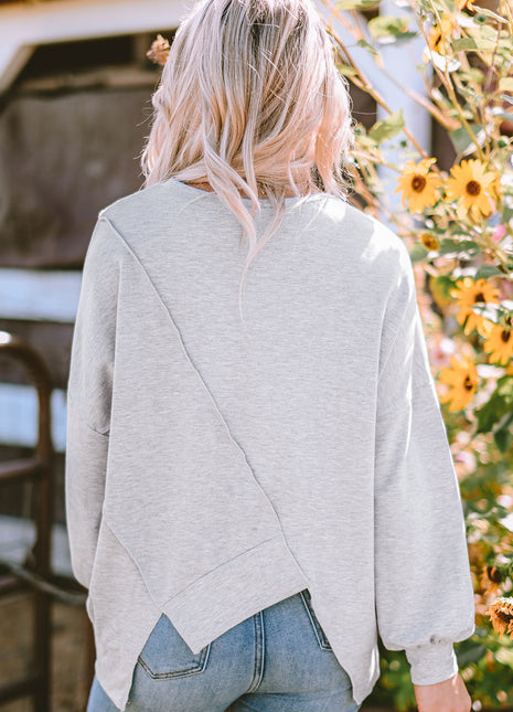 Khaki Colorblock Stitching Irregular Hem Long Sleeve Top