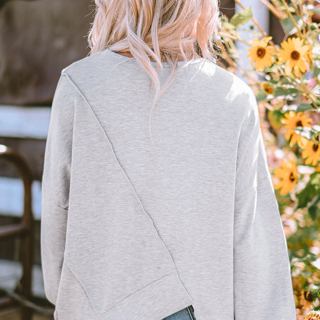 Khaki Colorblock Stitching Irregular Hem Long Sleeve Top