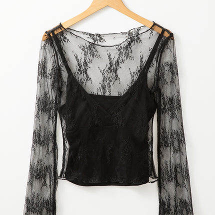 Black Lace Mesh Crochet Splicing Slim Fit Long Sleeve Blouse