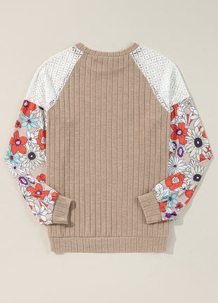 Parchment Floral Patchwork Long Sleeve Ribbed Blouse