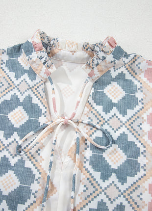 Khaki Geometric Print Tassel Tie Split Neck Balloon Sleeve Blouse