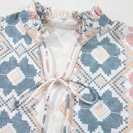 Khaki Geometric Print Tassel Tie Split Neck Balloon Sleeve Blouse
