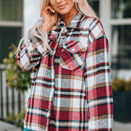 Fiery Red Geometric Plaid Print Pocketed Shacket