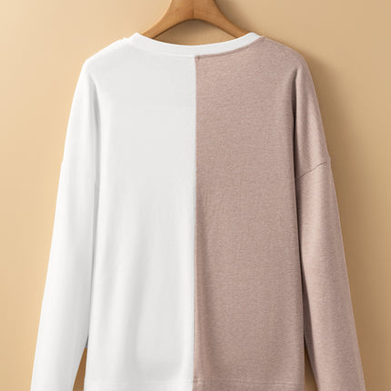 Khaki Colorblock Long Sleeve Crew Neck Top