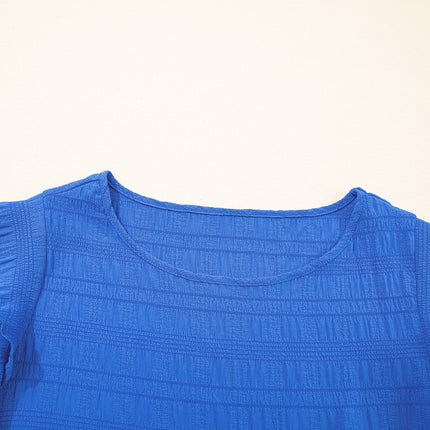 Dark Blue Textured Ruffled Sleeve Round Neck Top