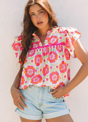 Rose Floral Ruffled Sleeve Ric-rac Trim Split Neck Loose Blouse