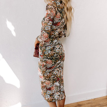 Brown Floral Allover Print Mock Neck Bodycon Long Sleeve Midi Dress
