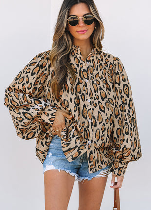 Light French Beige Oversized Leopard Print Balloon Sleeve Casual Shirt