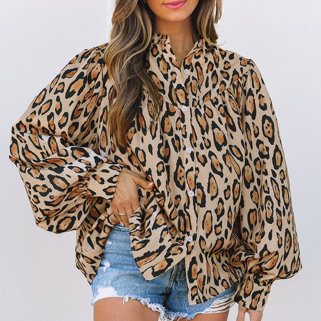 Light French Beige Oversized Leopard Print Balloon Sleeve Casual Shirt