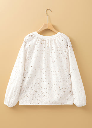 White Eyelet Embroidered Puff Sleeve V Neck Blouse