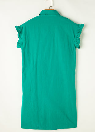 Bright Green Shirred Ruffle Sleeve Button Up Short Dress