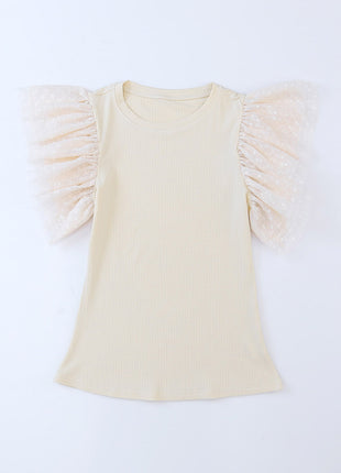 Apricot Dotty Mesh Ruffle Sleeve Ribbed Knit Top