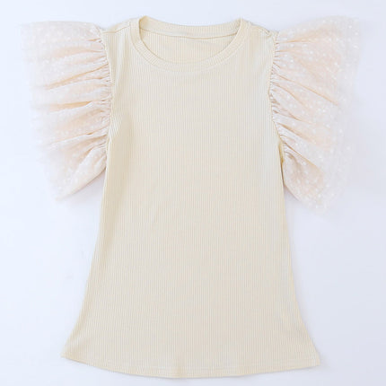 Apricot Dotty Mesh Ruffle Sleeve Ribbed Knit Top