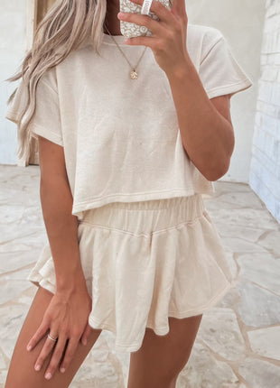 Beige 2pcs Cropped Tee and Ruffle High Waist Skort Set