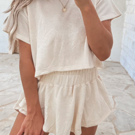 Beige 2pcs Cropped Tee and Ruffle High Waist Skort Set