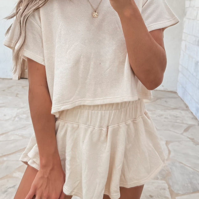 Beige 2pcs Cropped Tee and Ruffle High Waist Skort Set