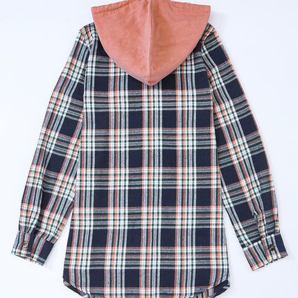 Pink Contrast Hooded Drawstring Plaid Shacket