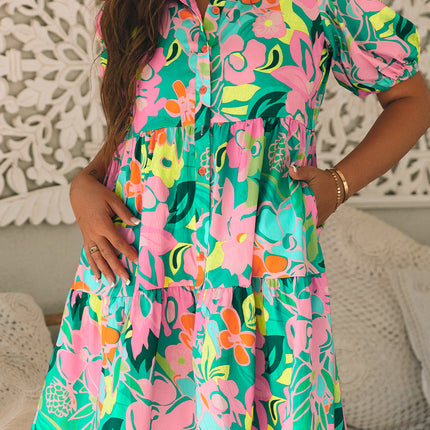 Green Floral Puff Sleeve Collar Buttoned Babydoll Dress