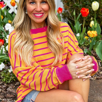 Orange Stripe Trimmed Round Neck Drop Shoulder Loose Sweater