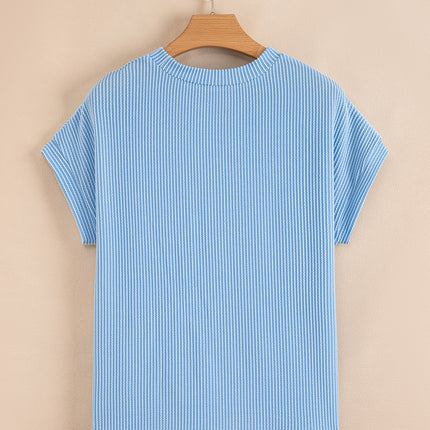 Dark Blue Corded Knit Color Block Pocketed Crew Neck T Shirt