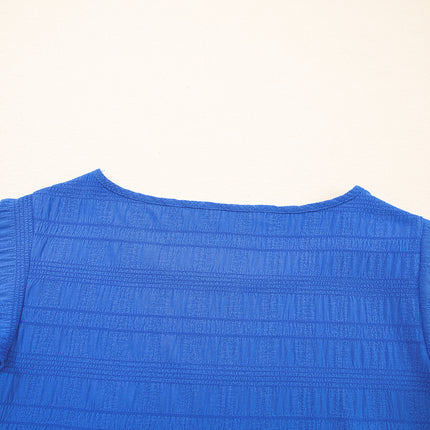 Dark Blue Textured Ruffled Sleeve Round Neck Top