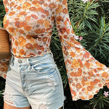 Orange Floral Printed Bell Sleeve Mock Neck Scallop Trim Blouse