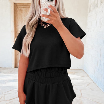 Black 2pcs Cropped Tee and Ruffle High Waist Skort Set