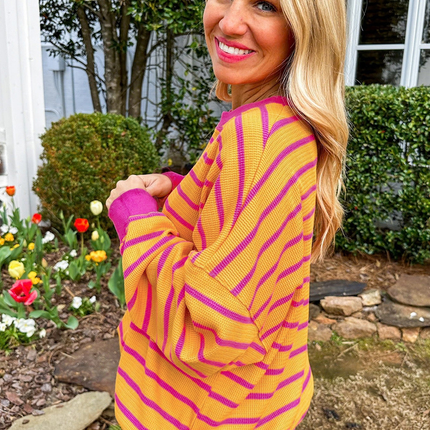 Orange Stripe Trimmed Round Neck Drop Shoulder Loose Sweater