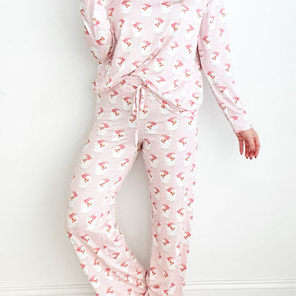Pink Santa Claus Striped Print Loose Fit Two Piece Lounge Set, Christmas Pajamas