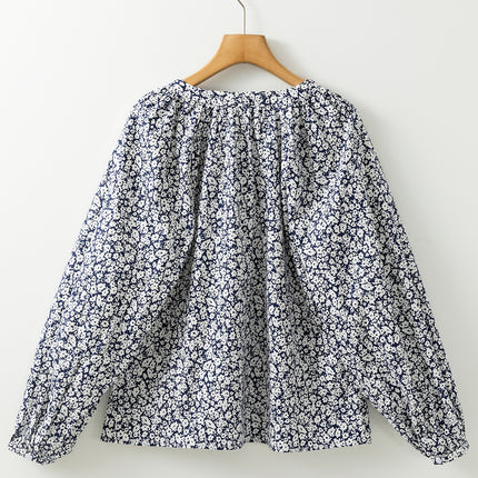 Blue Floral Print Notched V Neck Puff Sleeve Blouse