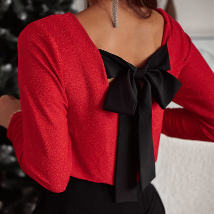 Racing Red Metallic Bowknot Open Back V Neck Top