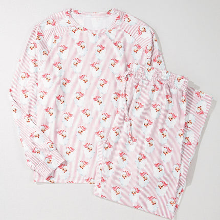 Pink Santa Claus Striped Print Loose Fit Two Piece Lounge Set, Christmas Pajamas