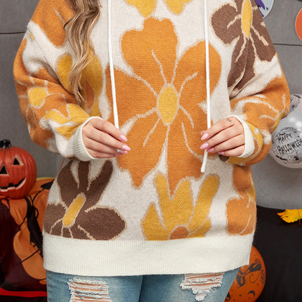 White Large Flower Knitted Drawstring Hooded Plus Size Sweater