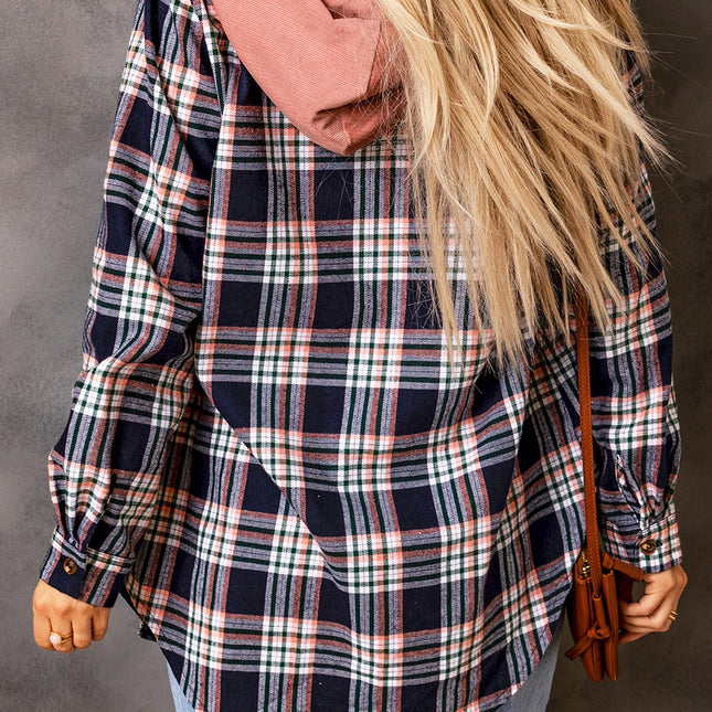 Pink Contrast Hooded Drawstring Plaid Shacket