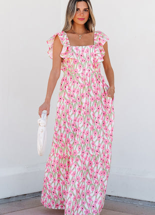Pink Floral Print Square Neck Ruffled Strap Maxi Dress