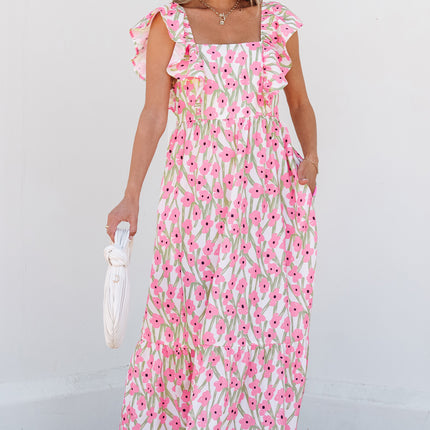 Pink Floral Print Square Neck Ruffled Strap Maxi Dress