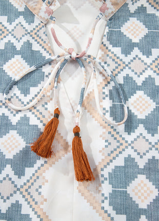Khaki Geometric Print Tassel Tie Split Neck Balloon Sleeve Blouse