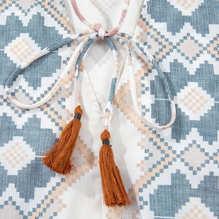 Khaki Geometric Print Tassel Tie Split Neck Balloon Sleeve Blouse