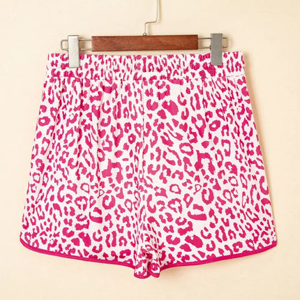 Pink Leopard Elastic Waistband Lace up Contrast Trim Casual Shorts Dear-Lover Dropshipping