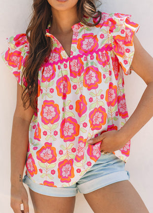 Rose Floral Ruffled Sleeve Ric-rac Trim Split Neck Loose Blouse