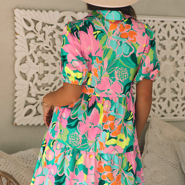 Green Floral Puff Sleeve Collar Buttoned Babydoll Dress