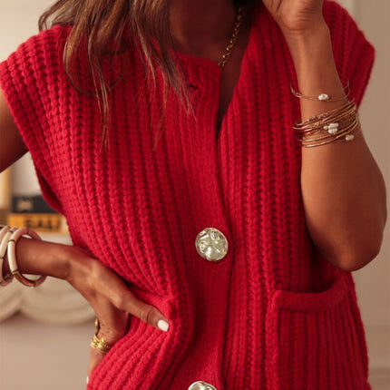 Fiery Red Solid Textured Knit Side Pockets Buttoned Sweater Vest