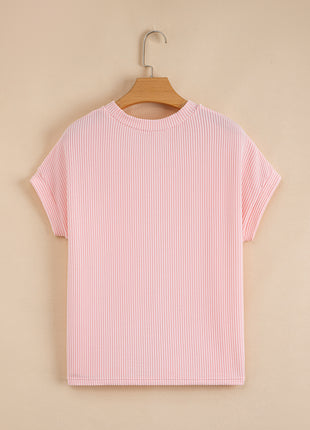 Pink Corded Knit Color Block Pocketed Crew Neck T Shirt