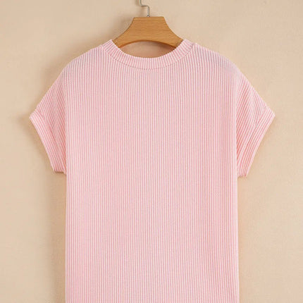Pink Corded Knit Color Block Pocketed Crew Neck T Shirt Dear-Lover Dropshipping
