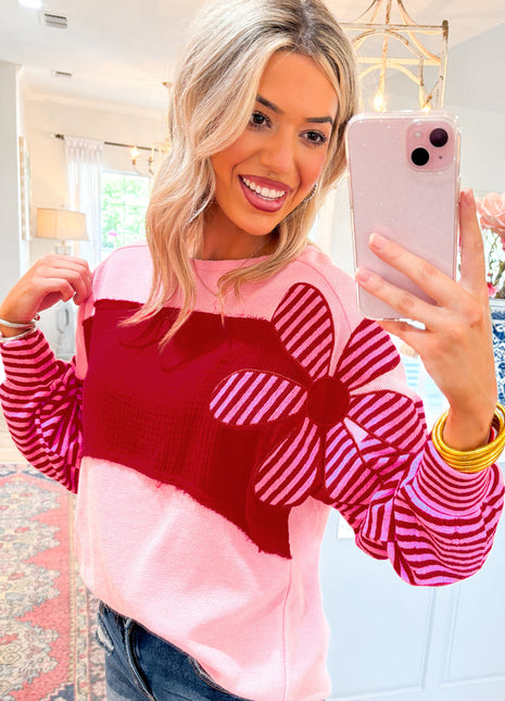 Pink Floral Patch Color Block Striped Sleeve Textured Top
