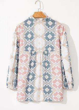Khaki Geometric Print Tassel Tie Split Neck Balloon Sleeve Blouse